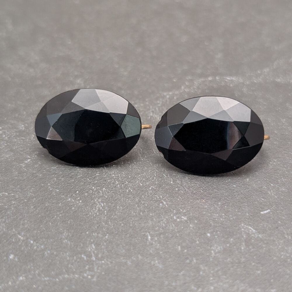 Vintage Clip On Earrings - 1" Faceted Black Oval Large - Some Chipping
